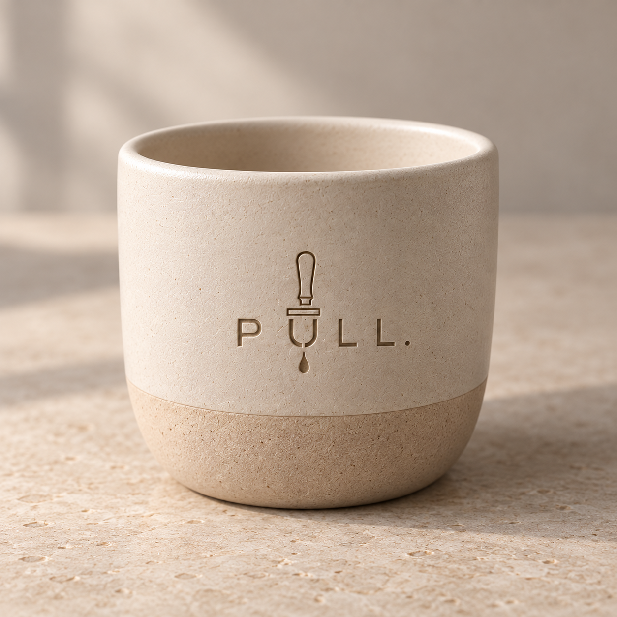 Straight-sided ivory ceramic mug with natural clay base and engraved Pull logo